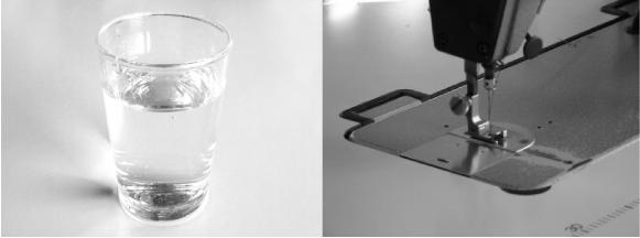 コップ一杯とミシンの写真
